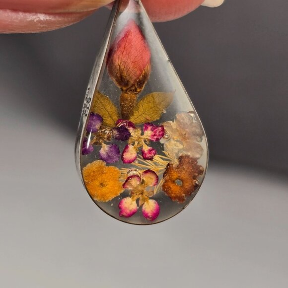 Sterling Silver Lucite Earrings 1.75" Dried Flowers Teardrop Shape ATI Mexico - Picture 3 of 10